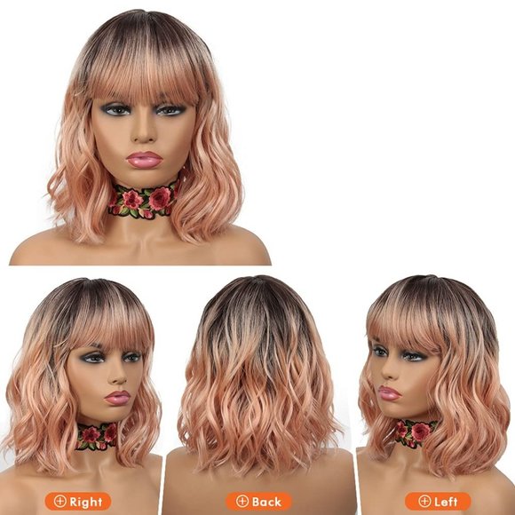 12" Dusty Rose ombre Wavy Bob Wig with Bangs | Rosie - Picture 2 of 3